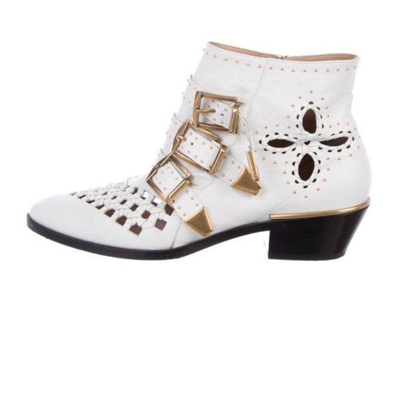Chloe White Ankle Boots with Gold Buckles - Picture 1 of 15